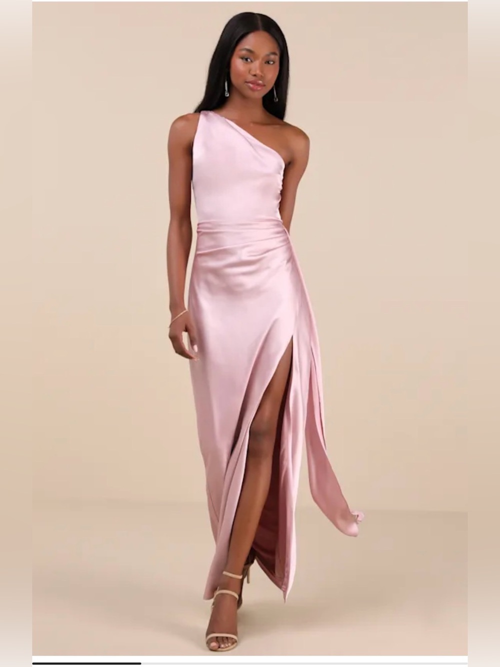 Lulus Signature Lavender Pink Satin One-Shoulder Maxi Formal Gown Dress - M